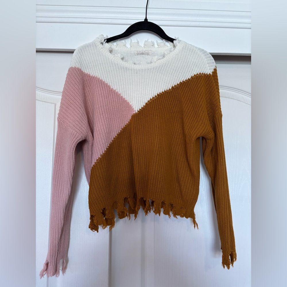 Colorblock Frayed Hem Sweater